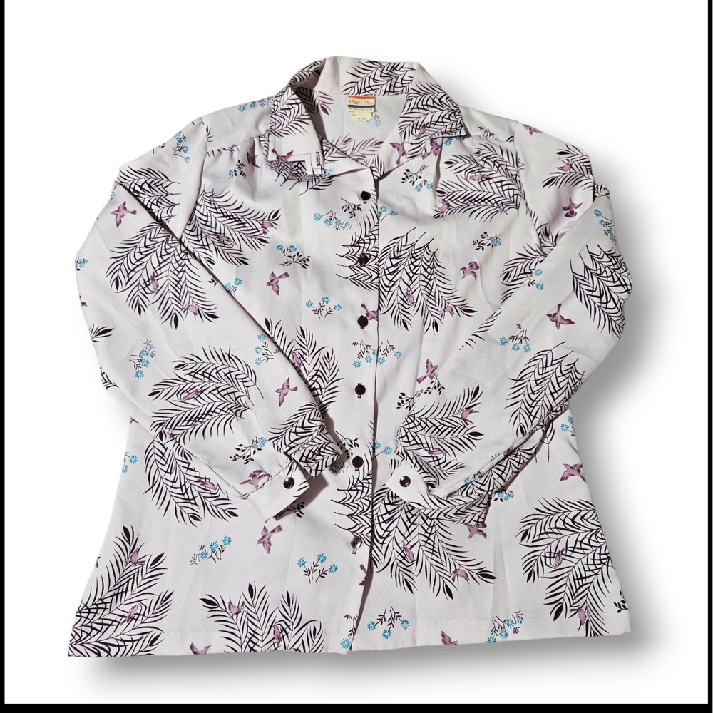 Vtg 60s 70s Pykettes Floral Birds Blouse Button Up Long Sleeve Shirt Size 16